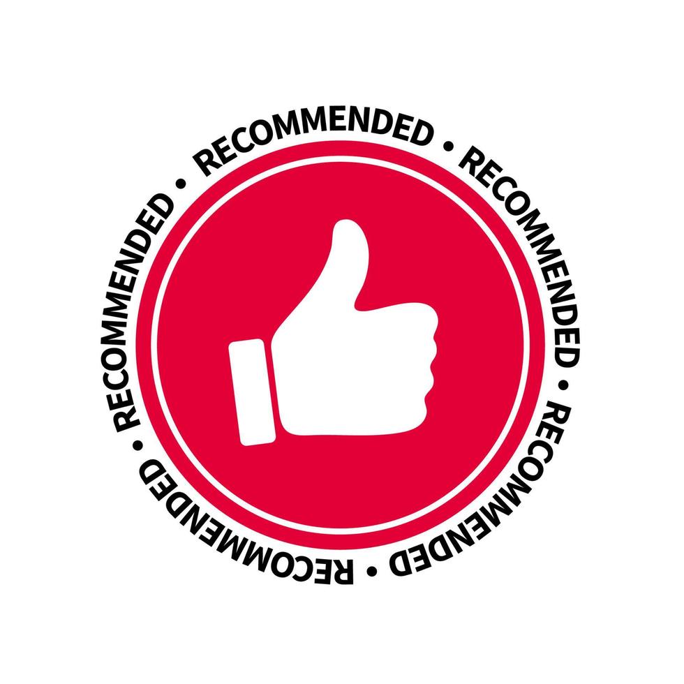 Badge Recommended with thumb up. Flat vector illustration.