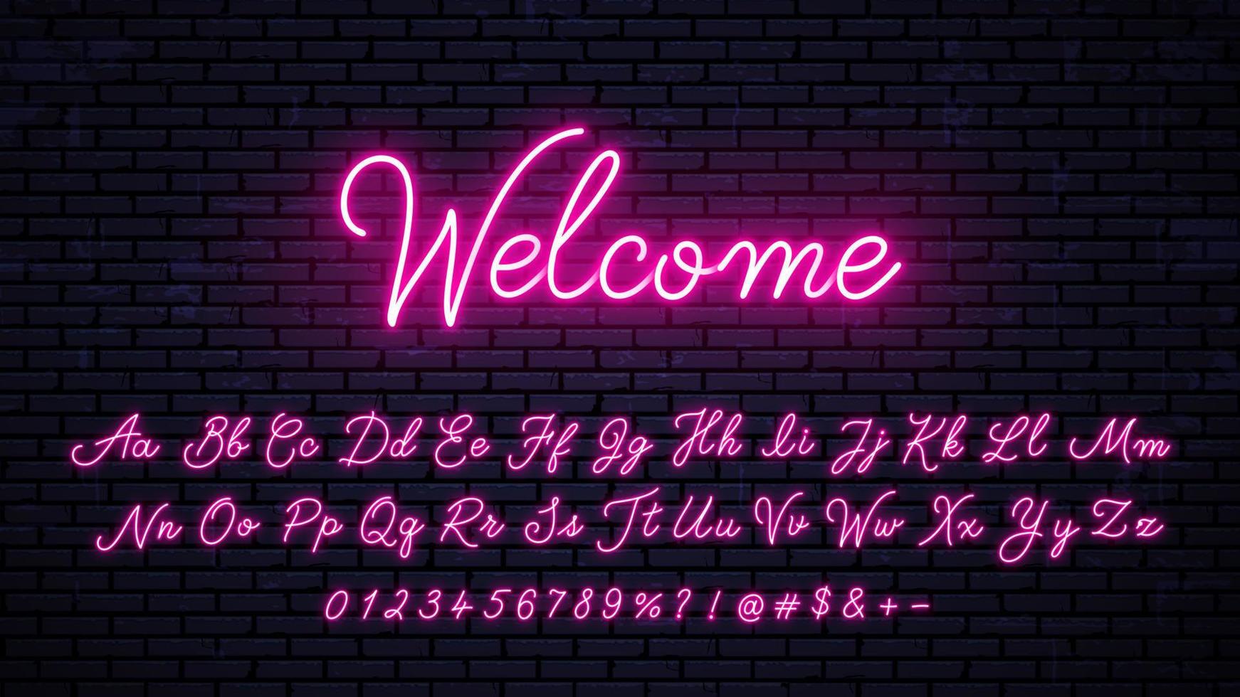 Neon handwritten English letters, numbers and symbols set. Vector red glowing alphabet with numbers and symbols.