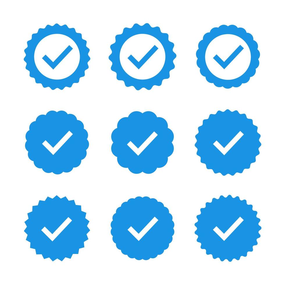 Set of quality icons. Blue flat star shape stickers. Profile Verification sign. Vector badges of warranty, approval, accept and quality. Flat vector check mark.