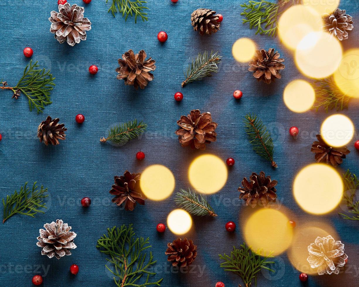 Christmas and Happy New Year dark blue background. Pattern with golden light glow garland bokeh photo