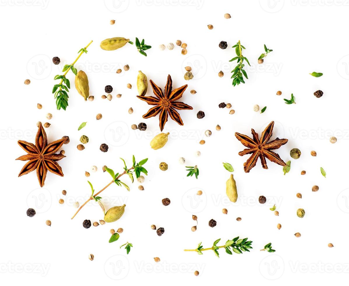 Set of spices on white background, top view. aromatic seasonings with anise and cardamom photo