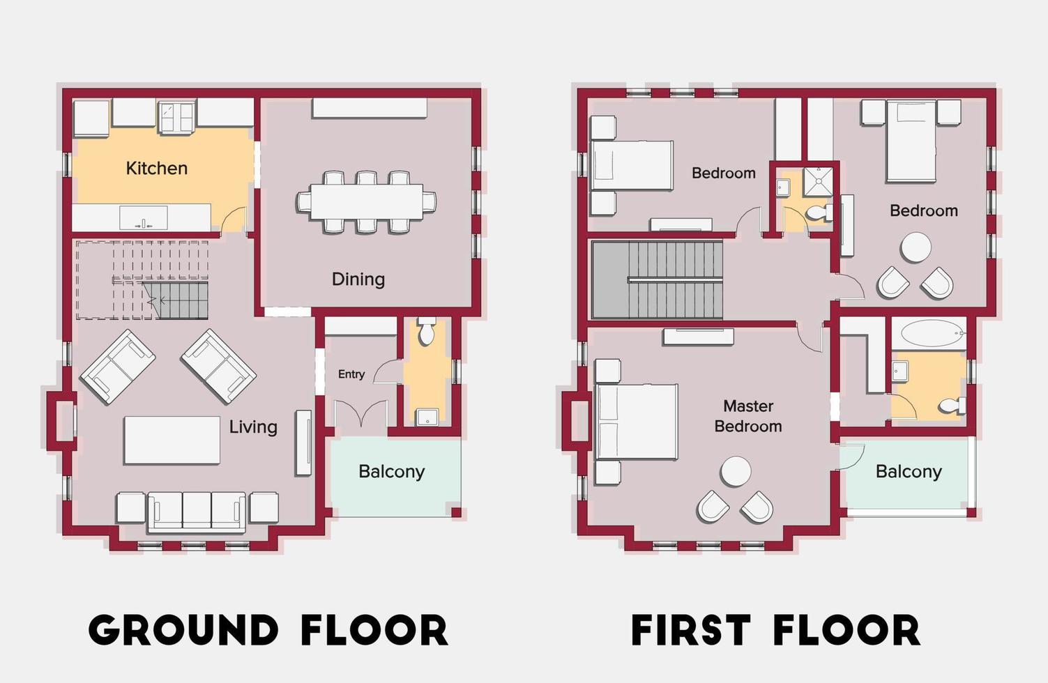 Plano Arquitectónico De Color Para Una Casa De Dos Pisos Y Tres Dormitorios. vector