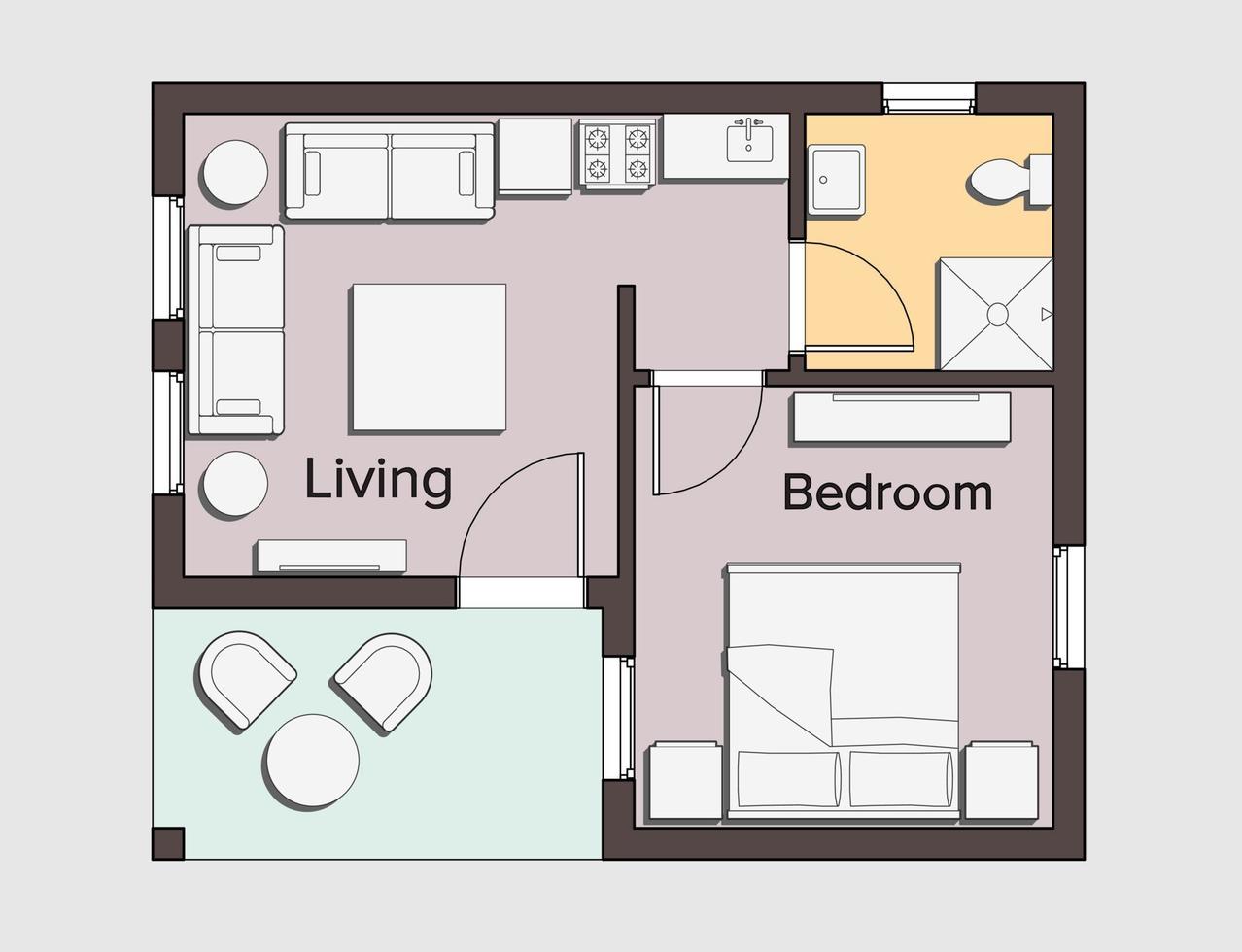 Architectural Floor Plan For One Bedroom Small Home vector