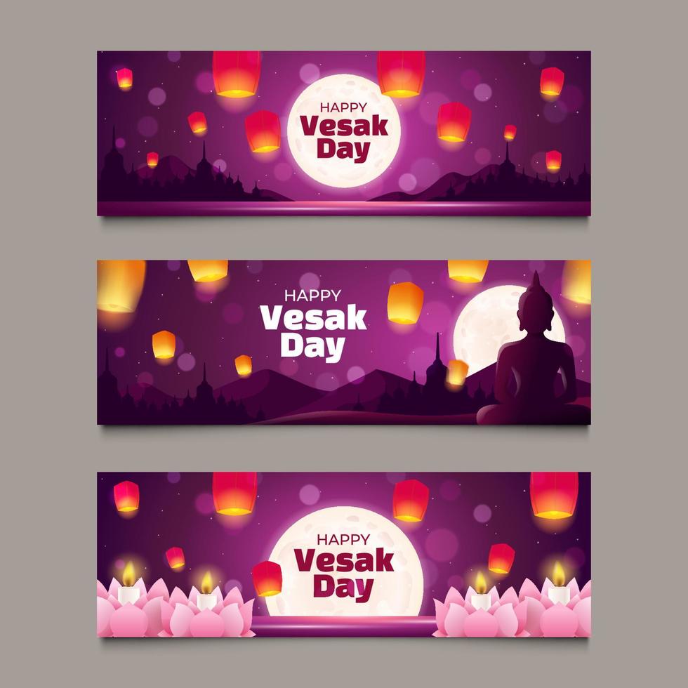 conjunto de pancarta vesak day con vista nocturna y linterna vector