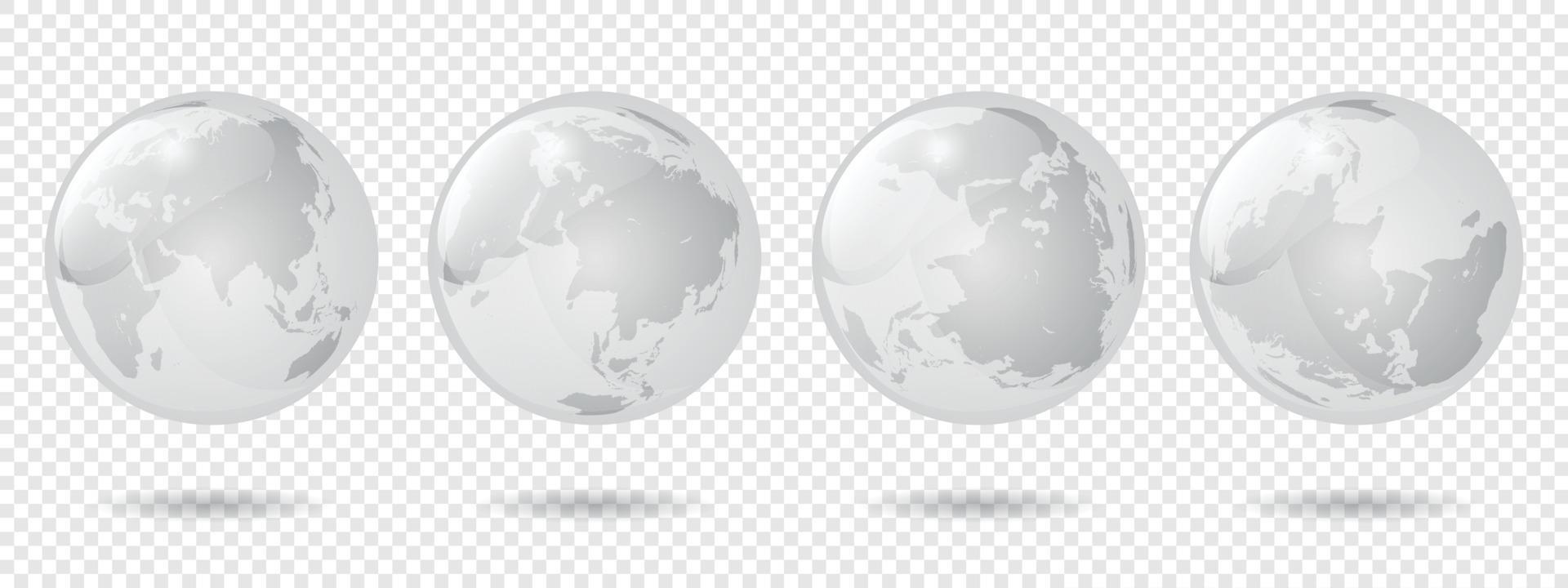 Set of transparent globes of Earth. Realistic world map in globe shape with transparent texture and shadow. Vector