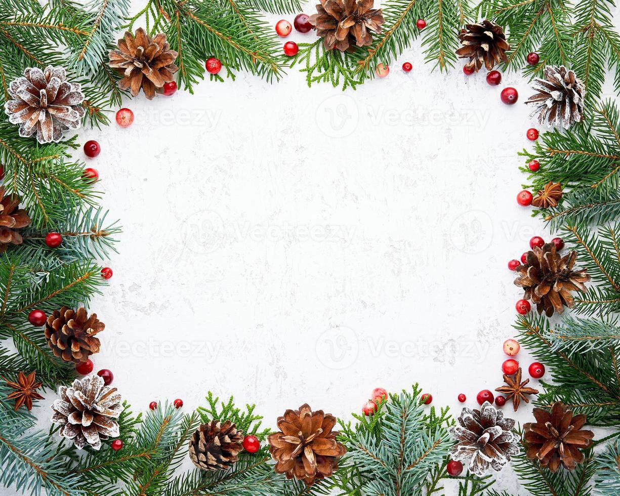 Christmas and Happy New Year light white background. Frame with fir branches, berry, photo
