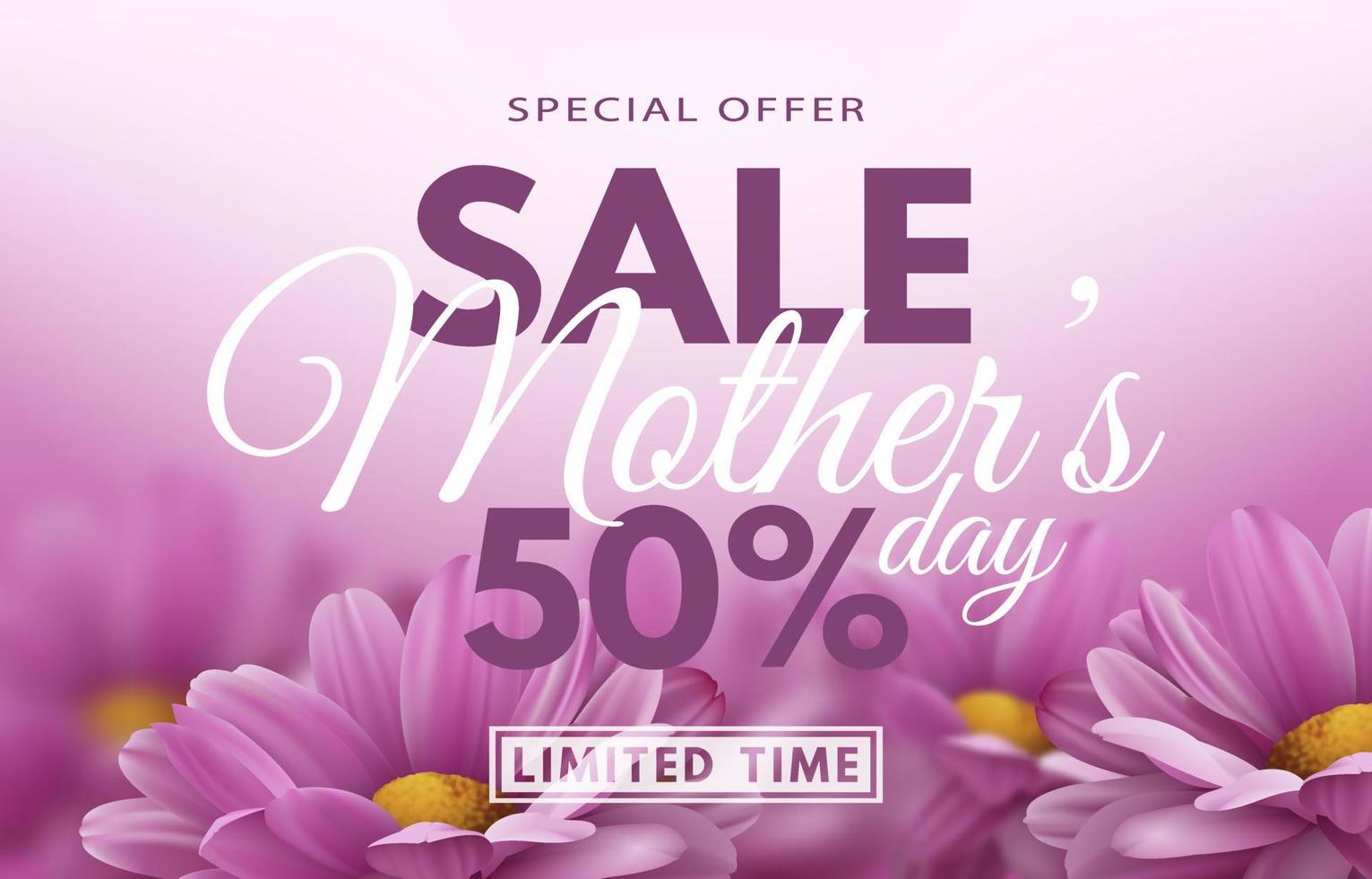 oferta especial. banner de venta del día de la madre con flores de crisantemo realistas y decoración de texto de descuento publicitario. ilustración vectorial vector