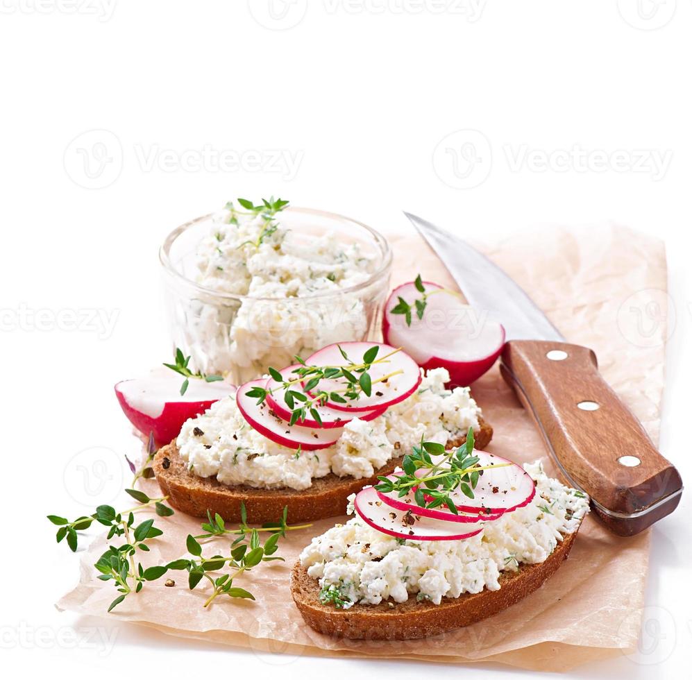 Sandwich with cottage cheese, radish, black pepper and thyme photo