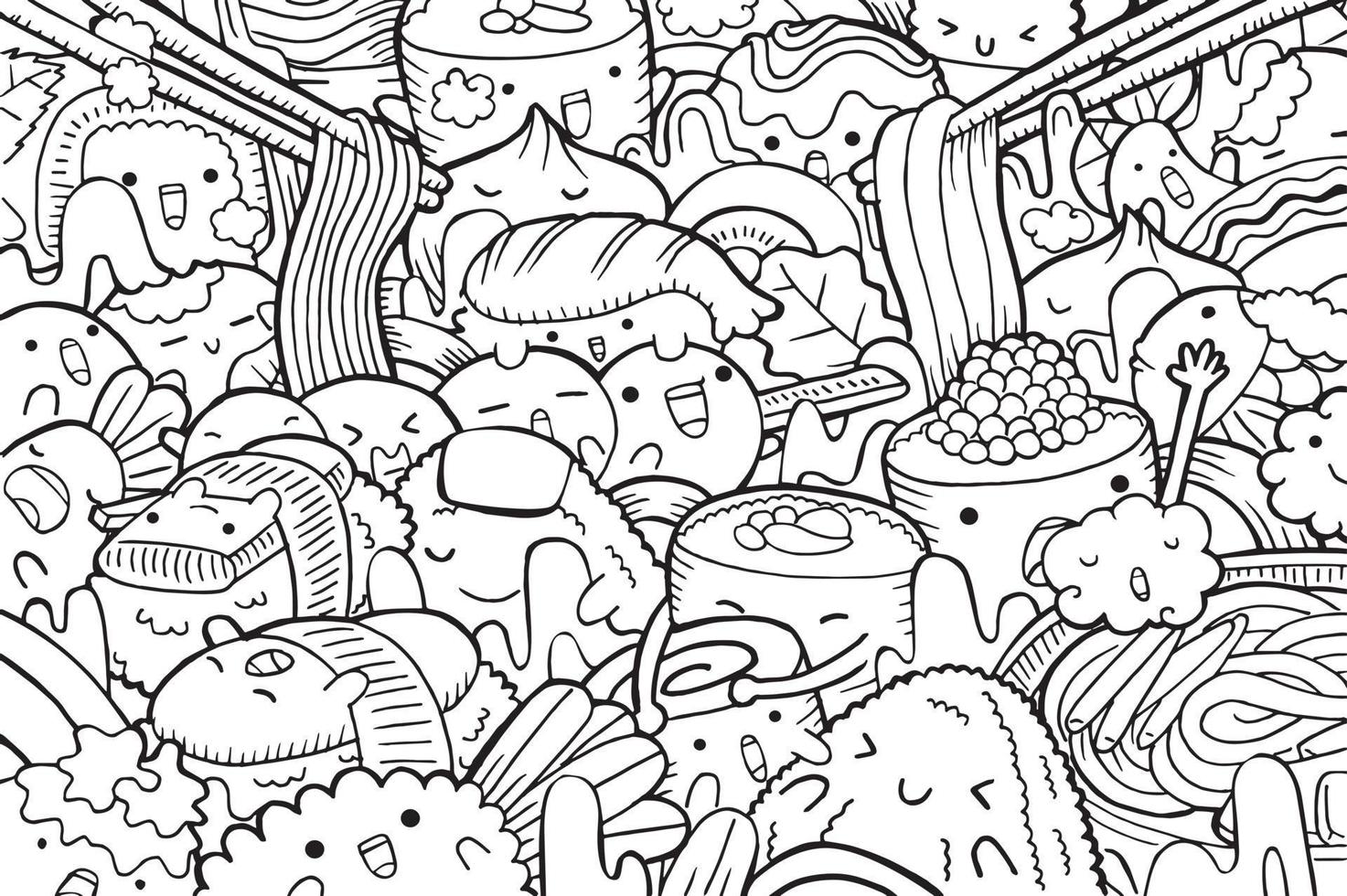 japón comida doodle dibujado a mano para colorear vector