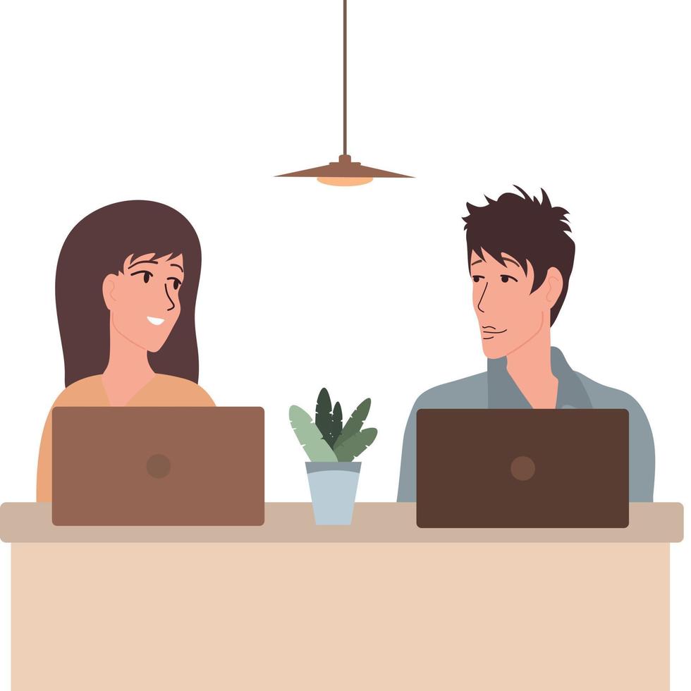 A man and a woman work in the office on laptops. Vector isolated.