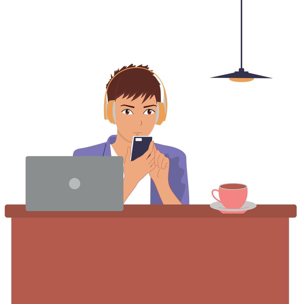 un joven trabaja en la oficina o en casa en la computadora. café, vector aislado.
