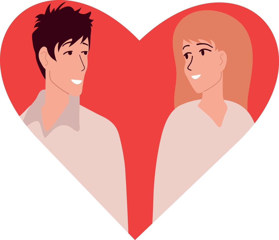 Boy and girl in love. Red heart, relationships, marriage. Vector illustration isolated on white background.