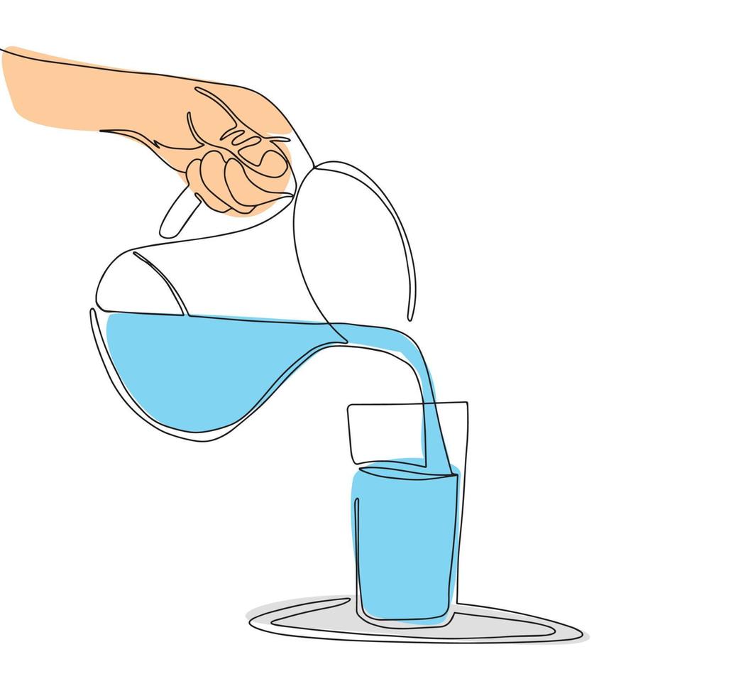 Glass jug and drinking glass with milk or water. Hand-drawn illustration. Line art. vector