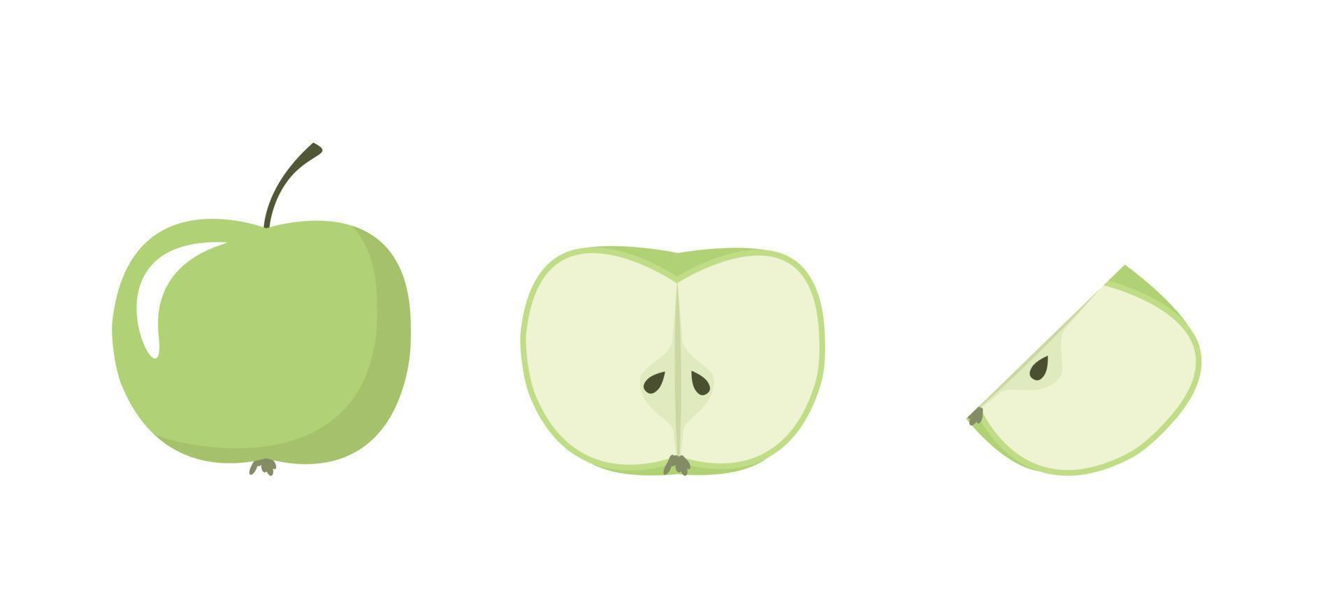 conjunto de manzanas. manzana entera, media y rebanada vector