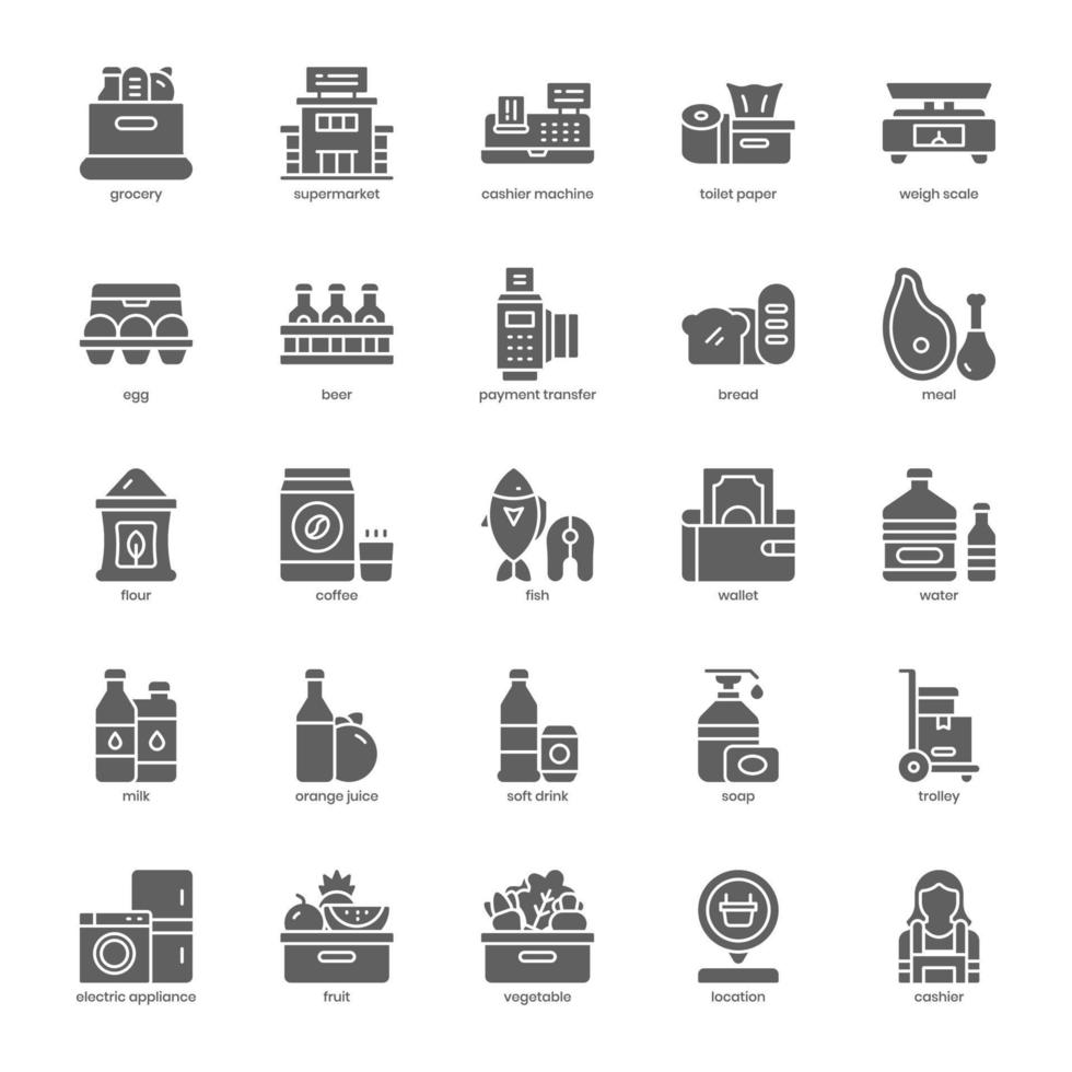 Grocery icon pack for your website design, logo, app, UI. Grocery icon glyph design. Vector graphics illustration and editable stroke.