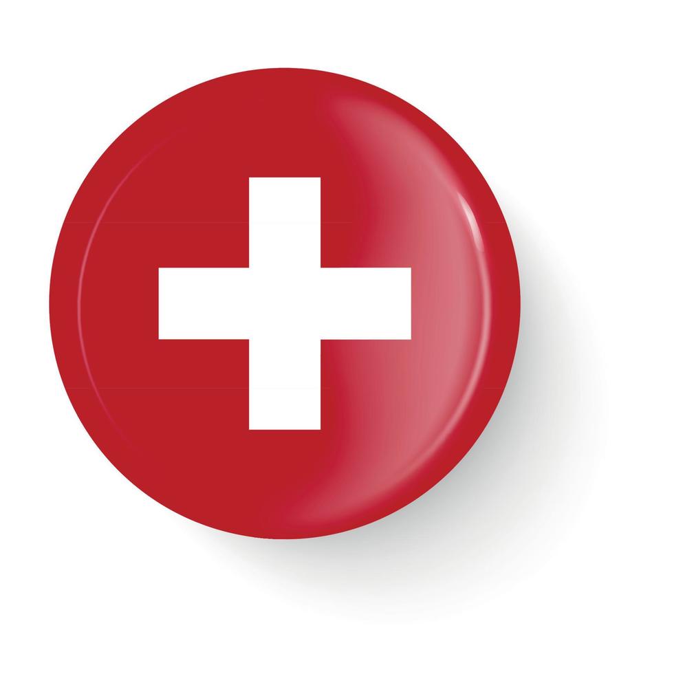 Round flag of Switzerland. Pin button. Pin brooch icon, sticker. 3D vector style.