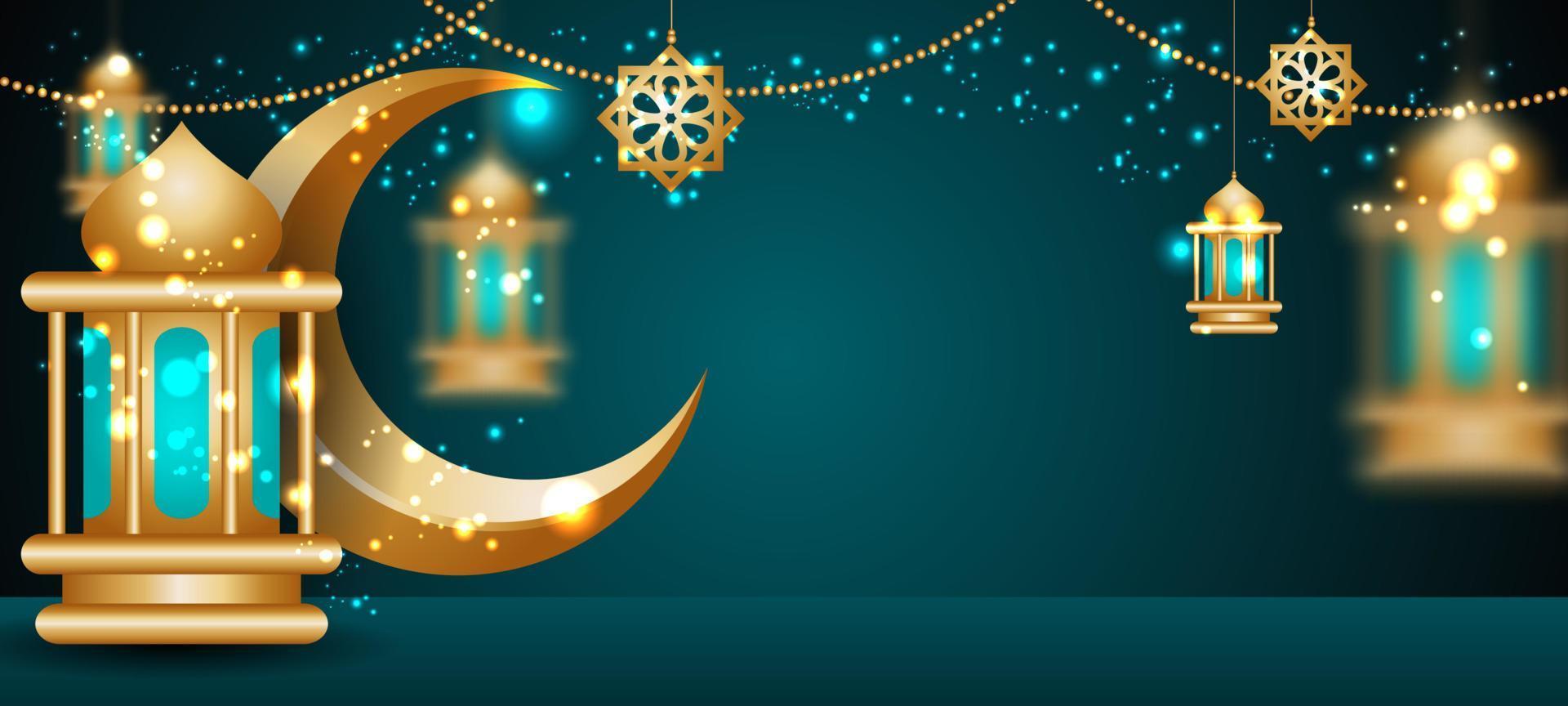 fondo islámico eid mubarak con linternas doradas vector