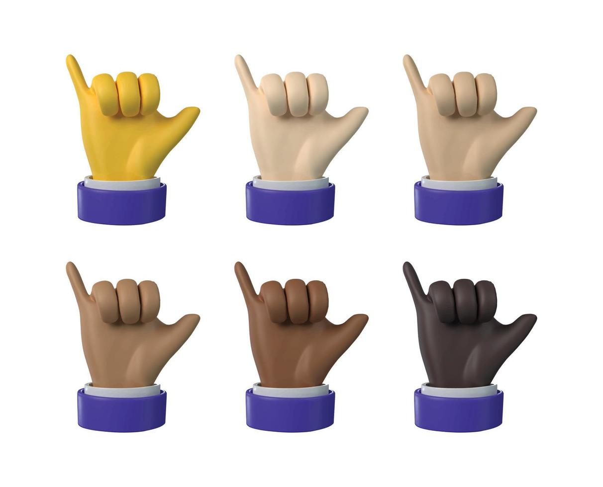 procesamiento 3d iconos de mano de llamada social con varios tonos de piel en estilo de vector de dibujos animados.