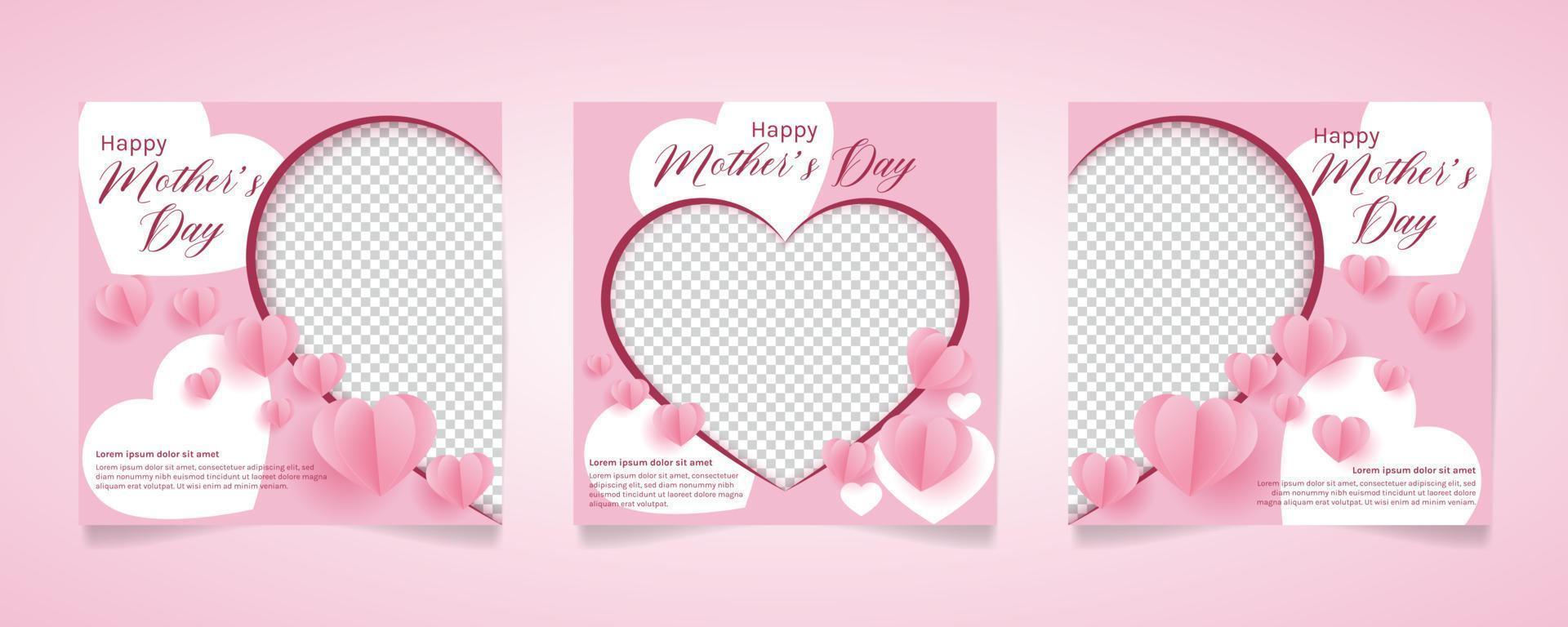 conjunto de diseño de plantillas de publicación de redes sociales del día de la madre feliz. banner cuadrado con color rosa y decoración de forma de amor. se puede utilizar para redes sociales, volantes y sitios web vector