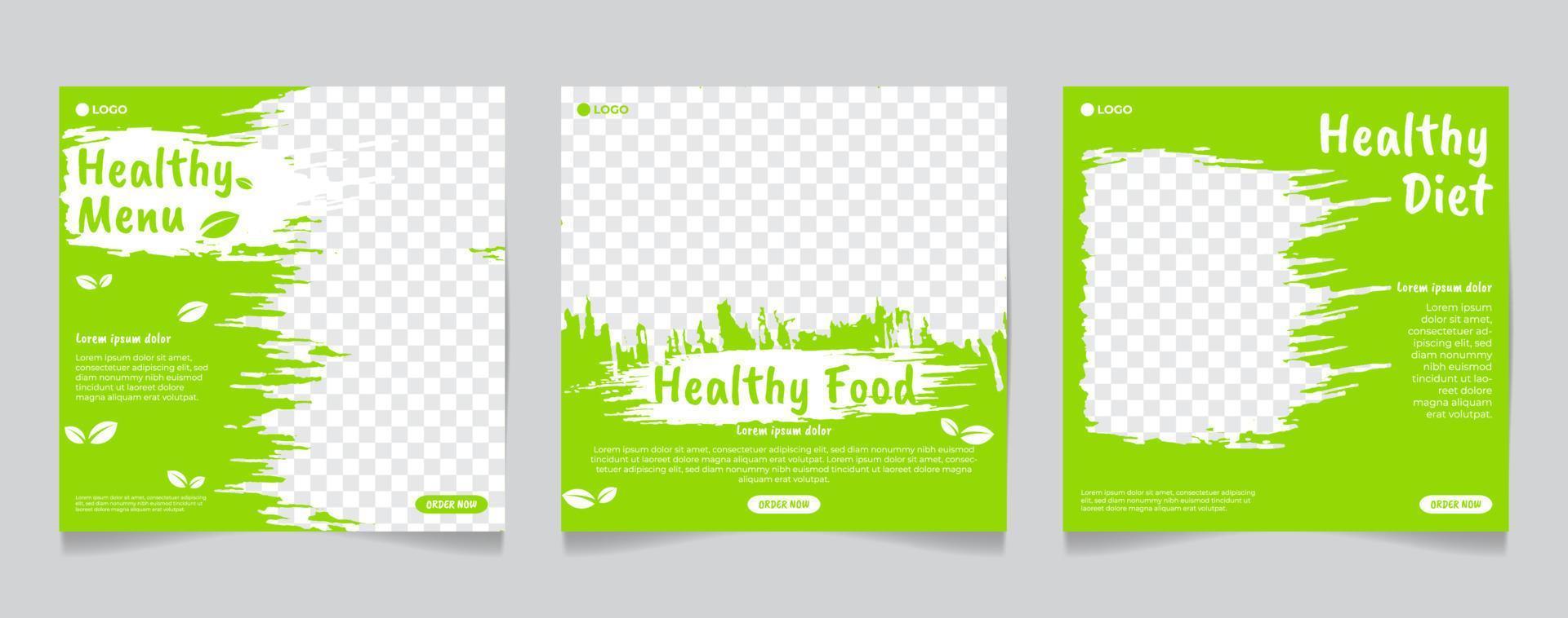 Social media template healthy food menu, green and white brush shape vector