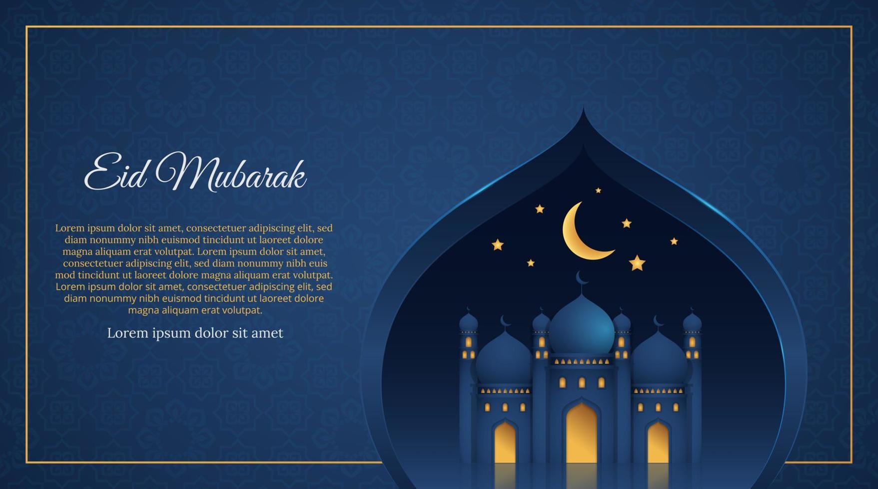 plantilla de tarjeta de felicitación de ramadán de gradiente horizontal y eid al-fitr con vector de ilustración realista de mezquita, luna y estrellas brillantes