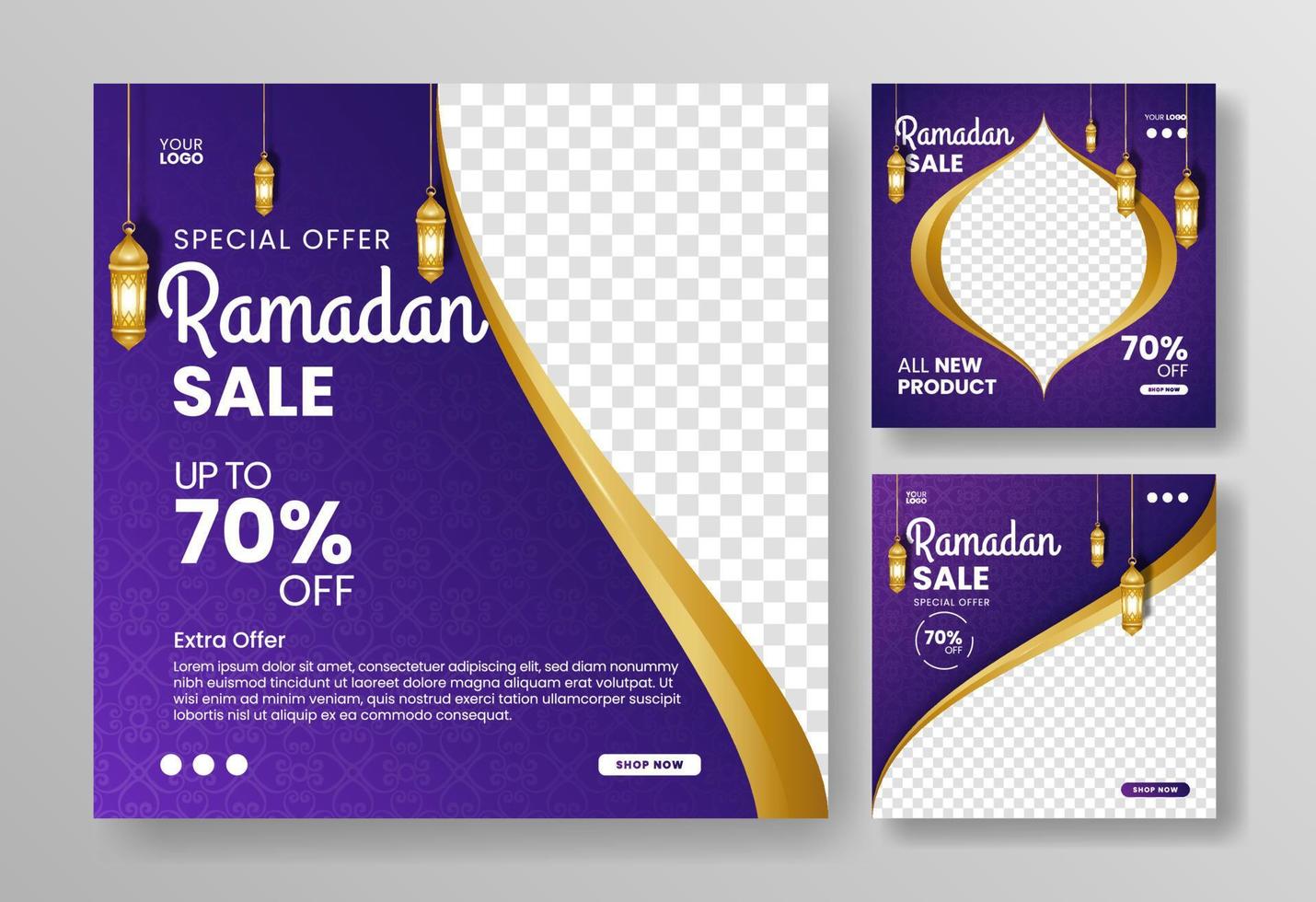 anuncio de banner de plantilla de publicación de redes sociales de venta de ramadán. color degradado azul, púrpura y linterna ilustración vectorial editable vector