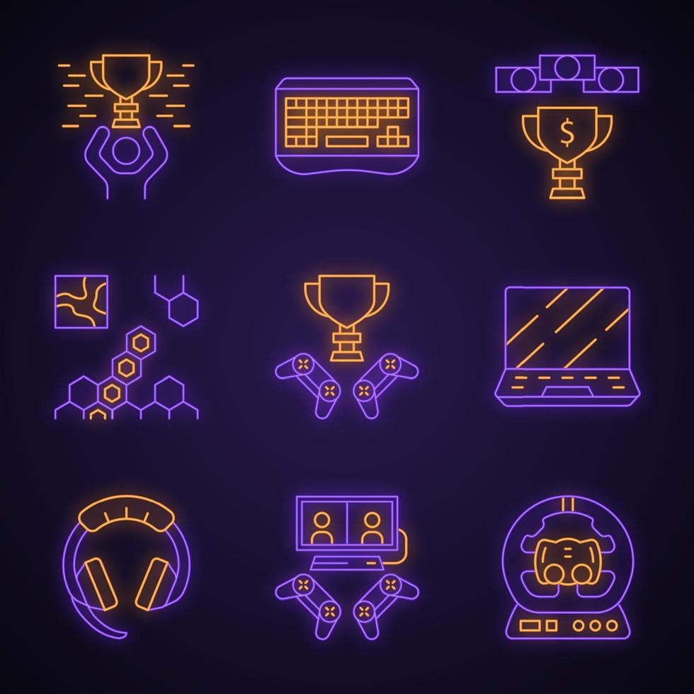 Esports neon light icons set. Gaming gadgets and accessories. Winner cup. Strategy game vector