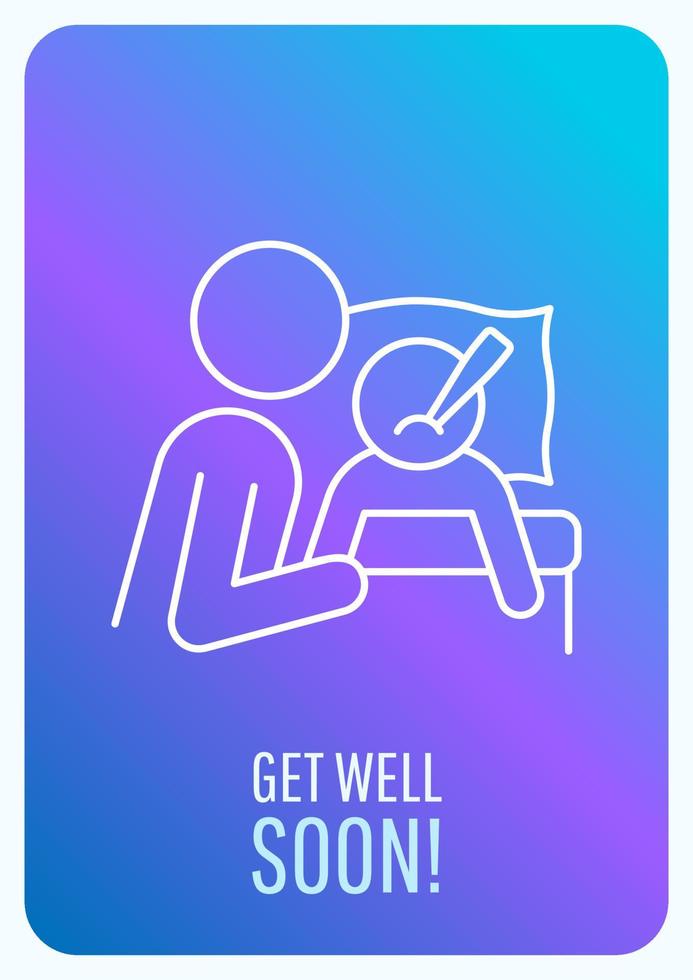 Get well soon blue gradient postcard with linear glyph icon. Greeting card with decorative vector design. Simple style poster with creative lineart illustration. Flyer with holiday wish