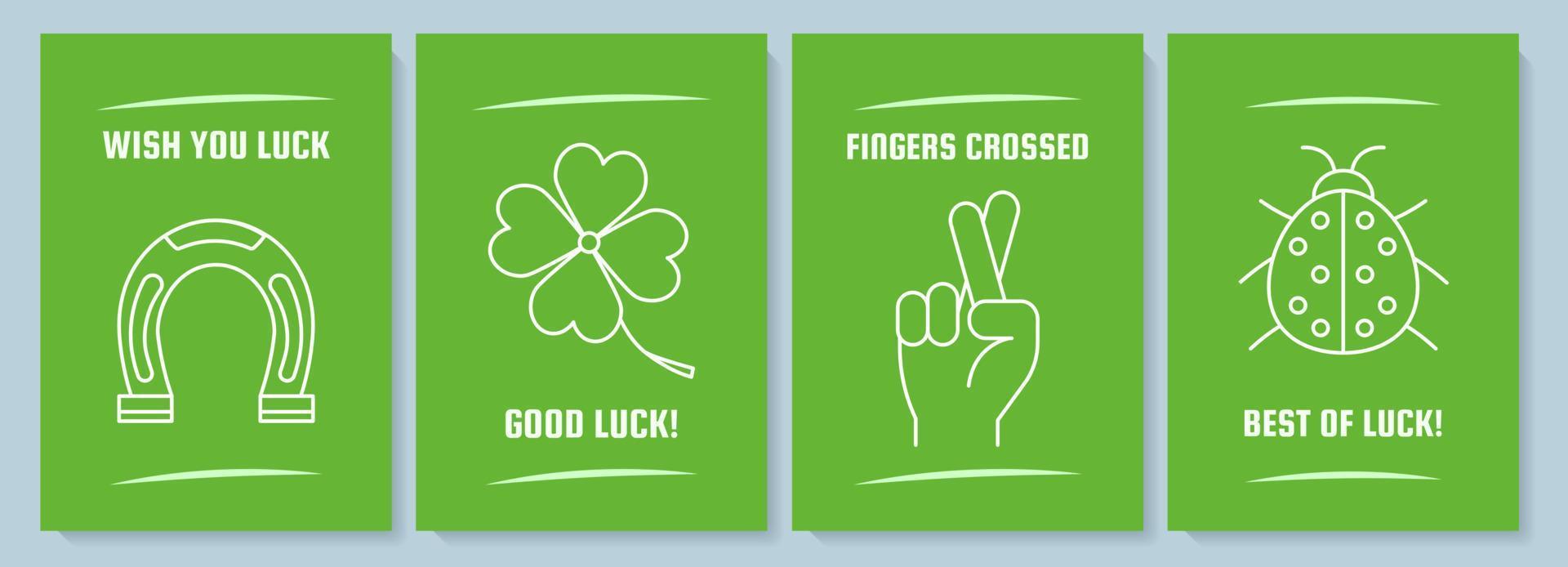 Wishing luck green postcard with linear glyph icon set. Greeting card with decorative vector design. Simple style poster with creative lineart illustration. Flyer with holiday wish