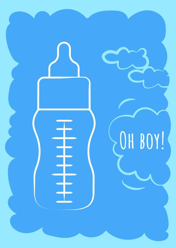 Oh boy blue postcard with linear glyph icon. Expecting baby birth. Greeting card with decorative vector design. Simple style poster with creative lineart illustration. Flyer with holiday wish