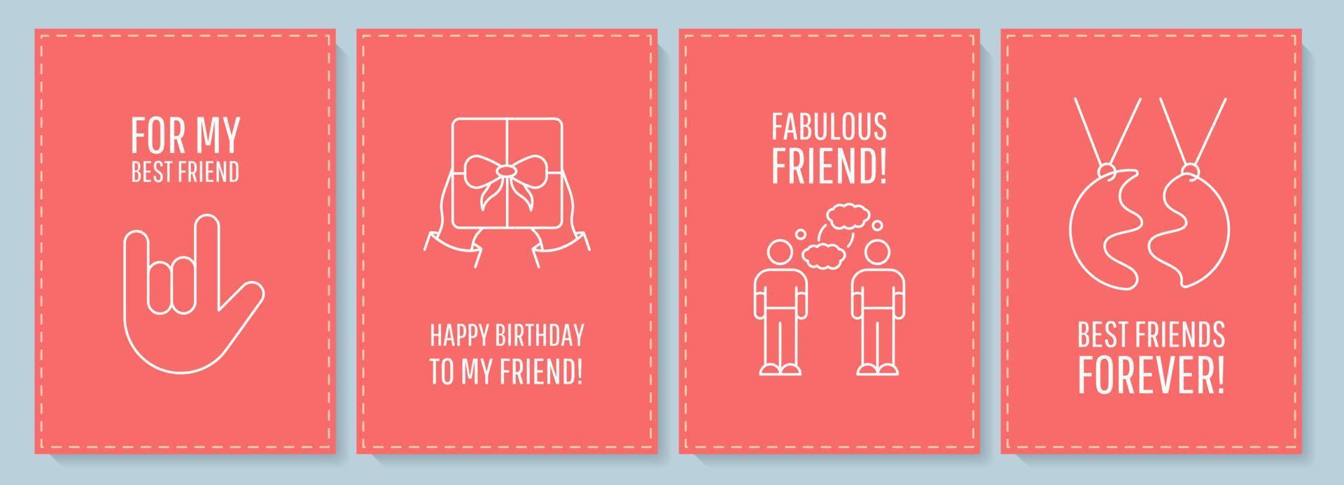 Friendship postcard with linear glyph icon set. Relation with friend. Greeting card with decorative vector design. Simple style poster with creative lineart illustration. Flyer with holiday wish