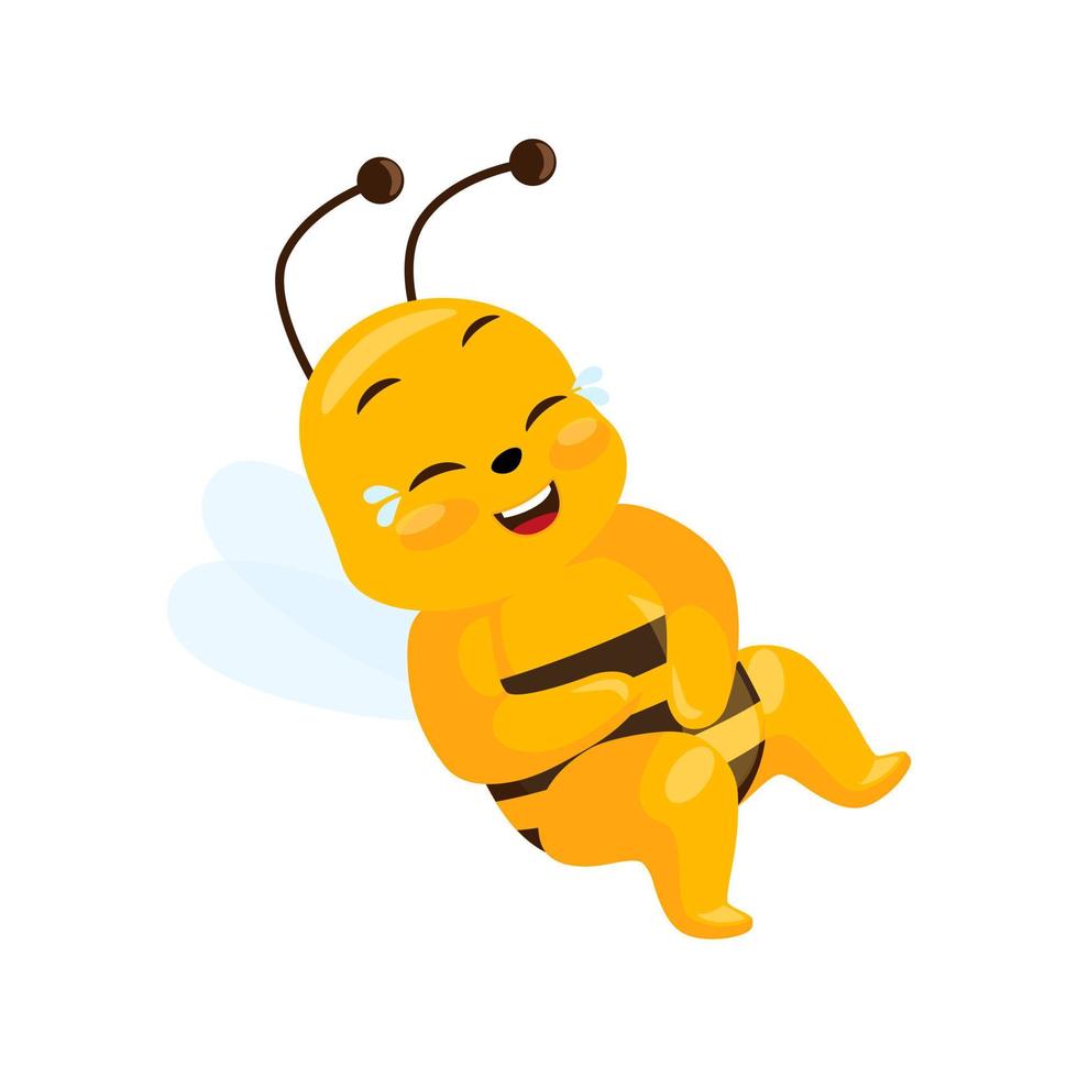 Cute bee laughing to tears isolated on white background. Smiling cartoon character happy. vector