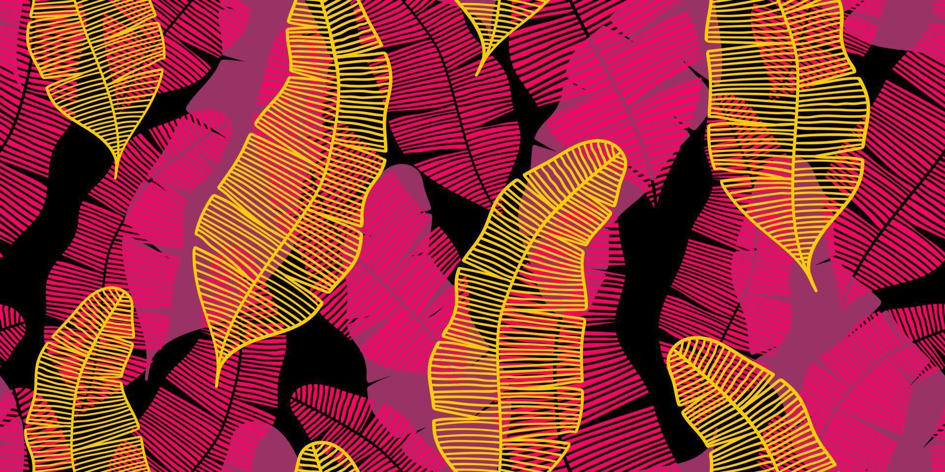 banner negro sin costura vectorial abstracto con hojas de plátano amarillas y rosas vector