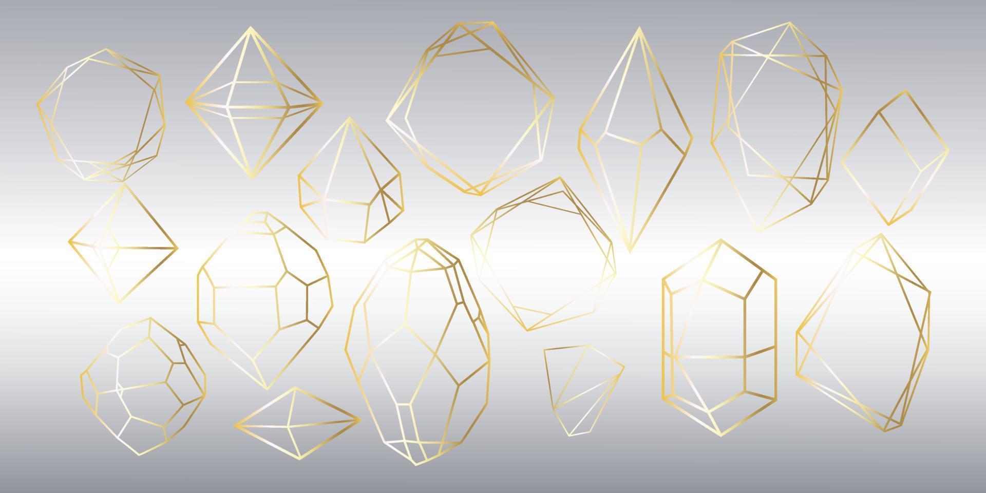 Vector set of golden luxury crystal diamonds shapes.Border Collection for Card.Geometric Premium Glitter Background, Polygon mosaic shape amethyst gem quartz stone line art style