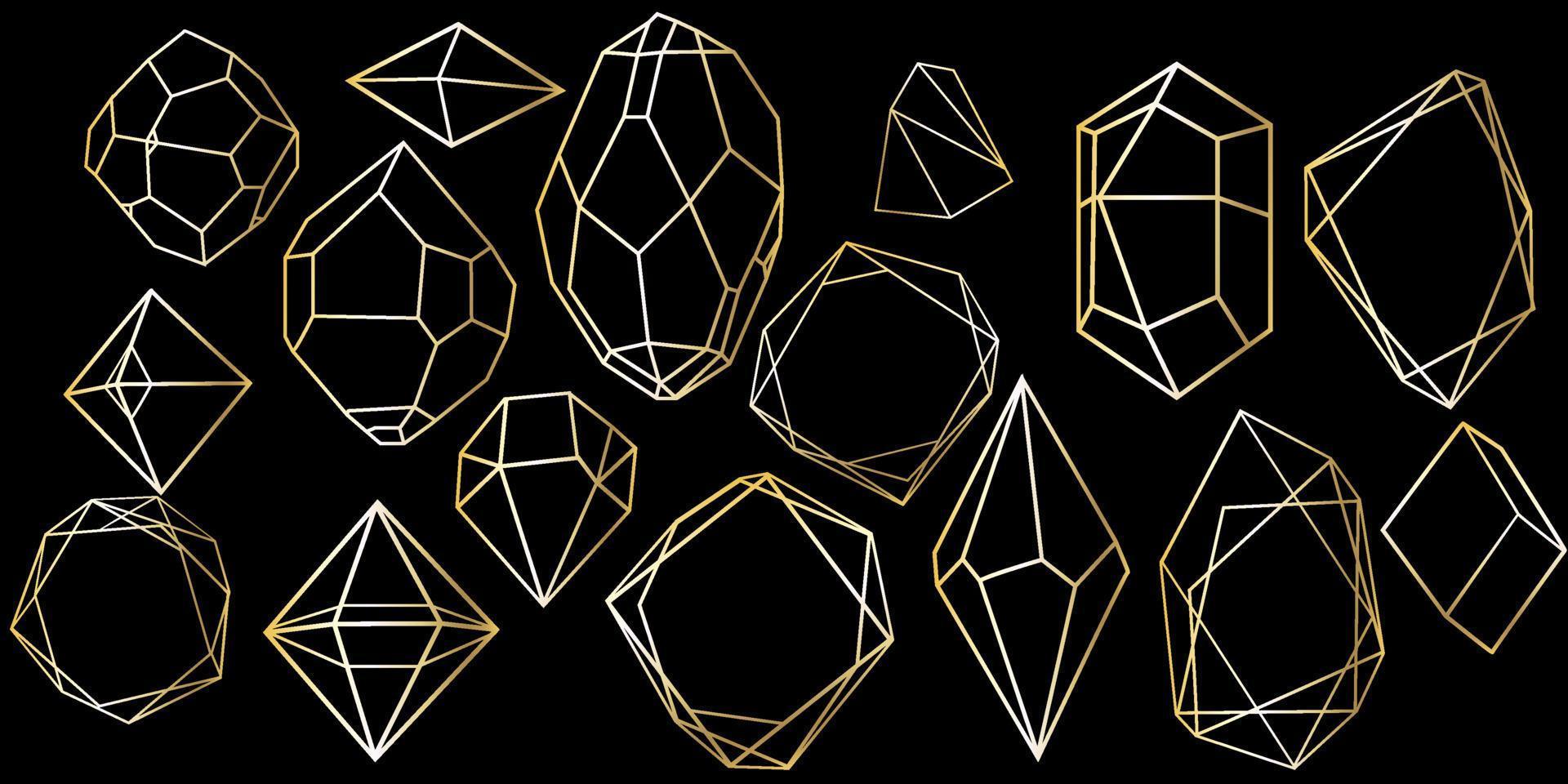 Vector set of golden luxury crystal diamonds shapes.Border Collection for Card.Geometric Premium Glitter Background, Polygon mosaic shape amethyst gem quartz stone line art style