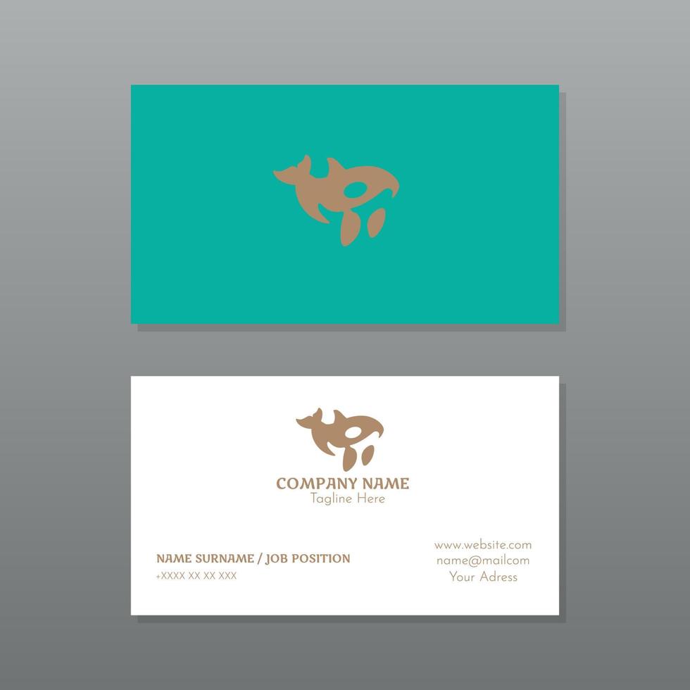 Business card in aquamarine and white with dog design in gold color vector