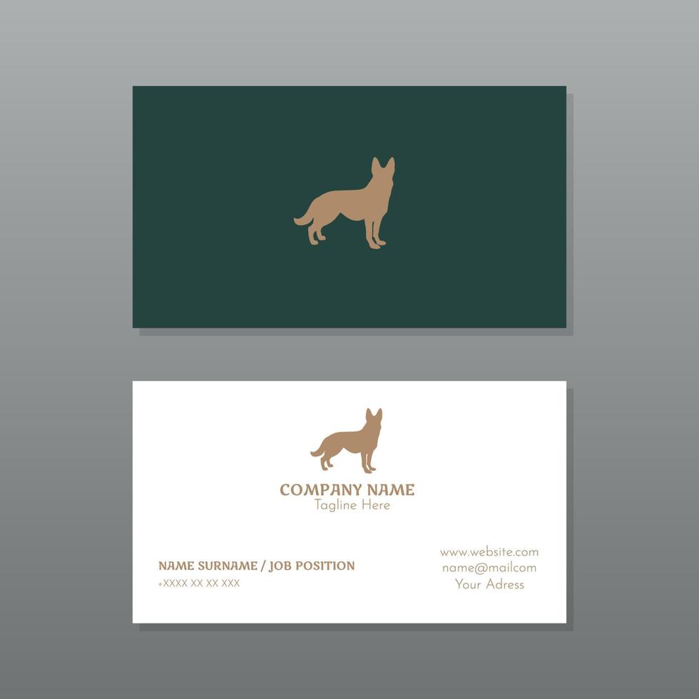 tarjeta de visita en verde y blanco con diseño de perro en color dorado vector