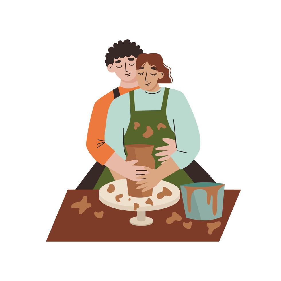 pareja enamorada haciendo jarrón artesanal. estudio de cerámica. ilustración vectorial plana. vector