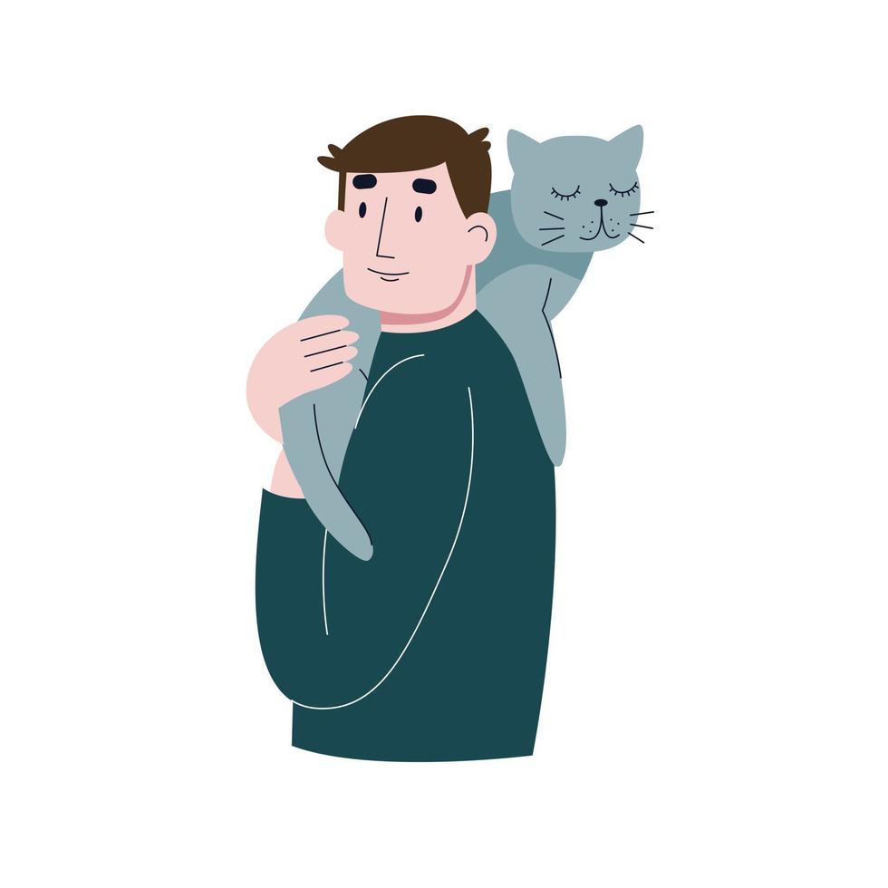 un joven que lleva un lindo gato. un hombre abrazando a un gato. ilustración vectorial plana. vector