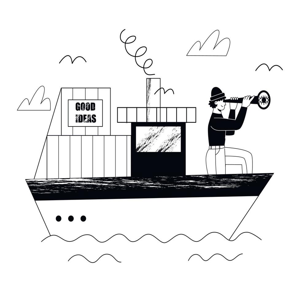 A man is sailing on a ship and looking through a telescope. Man searching good ideas. Flat vector illustration.