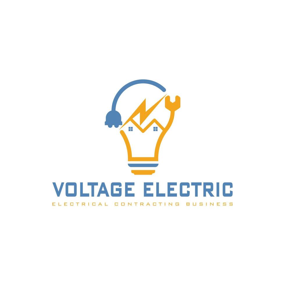 una ilustración de una lámpara de bombilla inteligente con el enchufe, la llave inglesa y la casa de silueta en color naranja-amarillo y azul aplicada para el diseño del logotipo del servicio comercial de contratación eléctrica vector