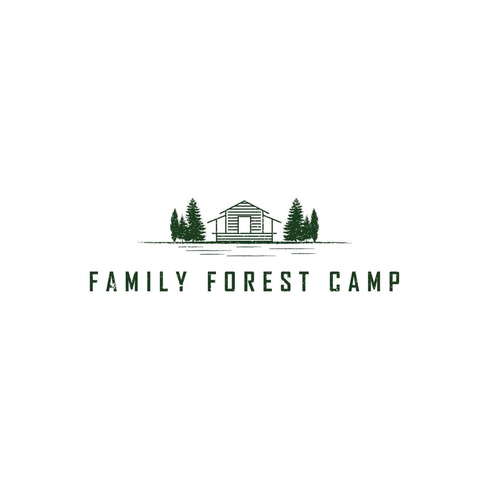 An illustration of a line art cabin in the forest with pine trees applied for a house in the wood on the lake or cabin rent logo design inspiration vector