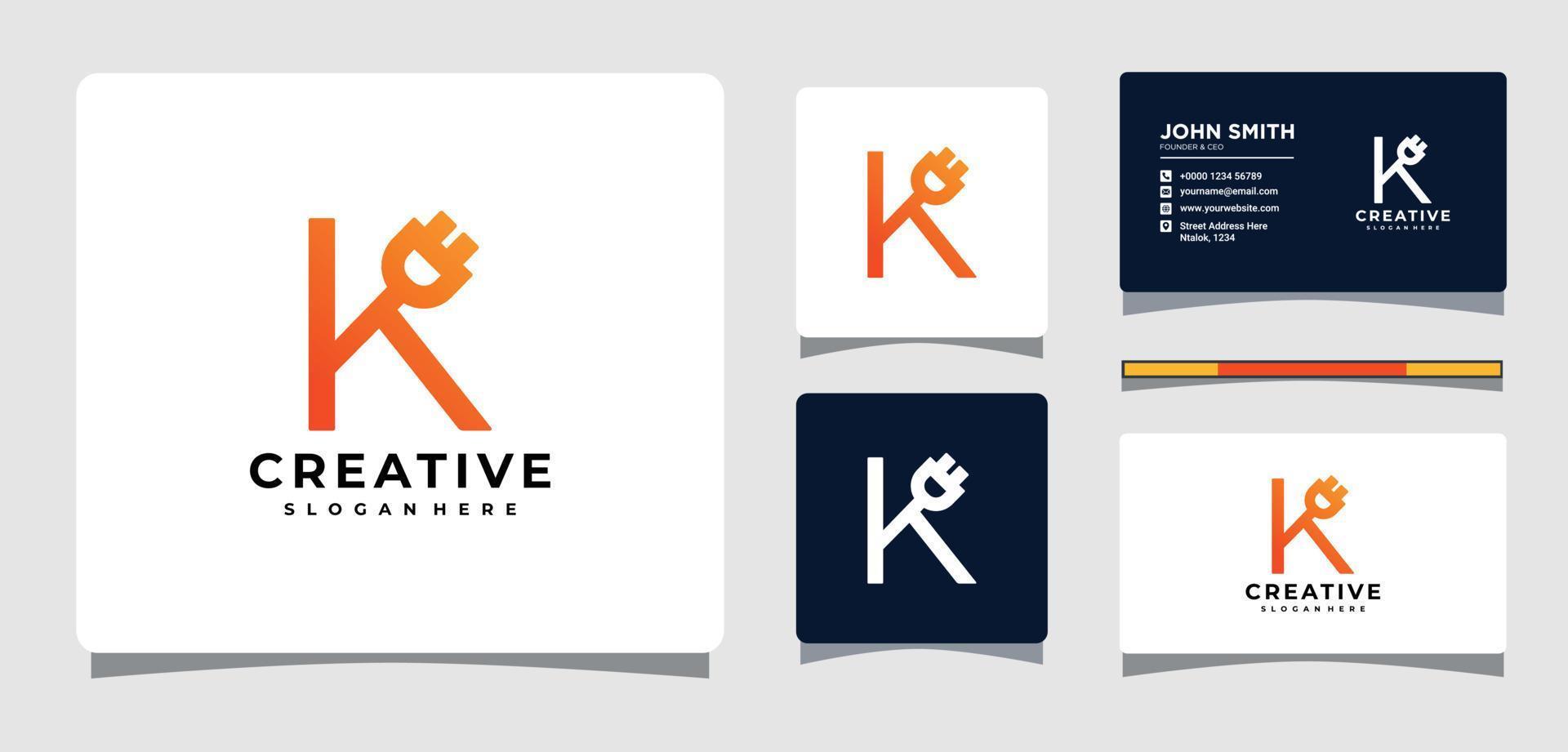 Letter K Electric Plug Logo Template With Business Card Design Inspiration vector