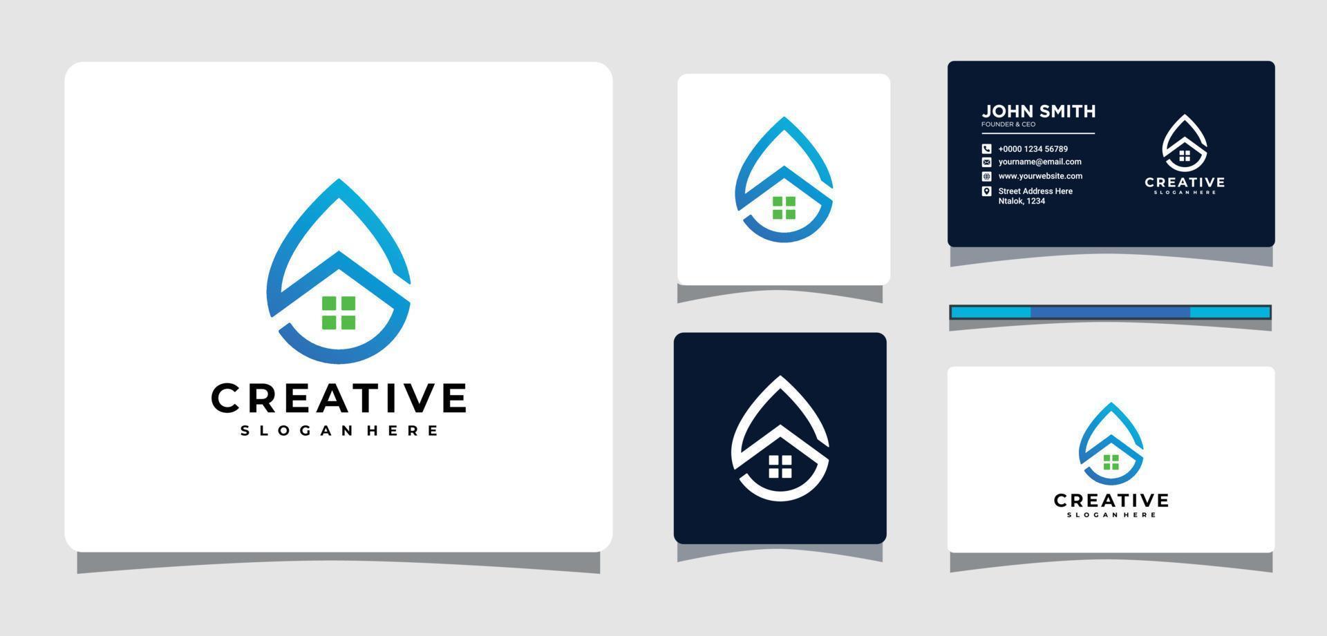 Water droplets house Logo Template With Business Card Design Inspiration vector