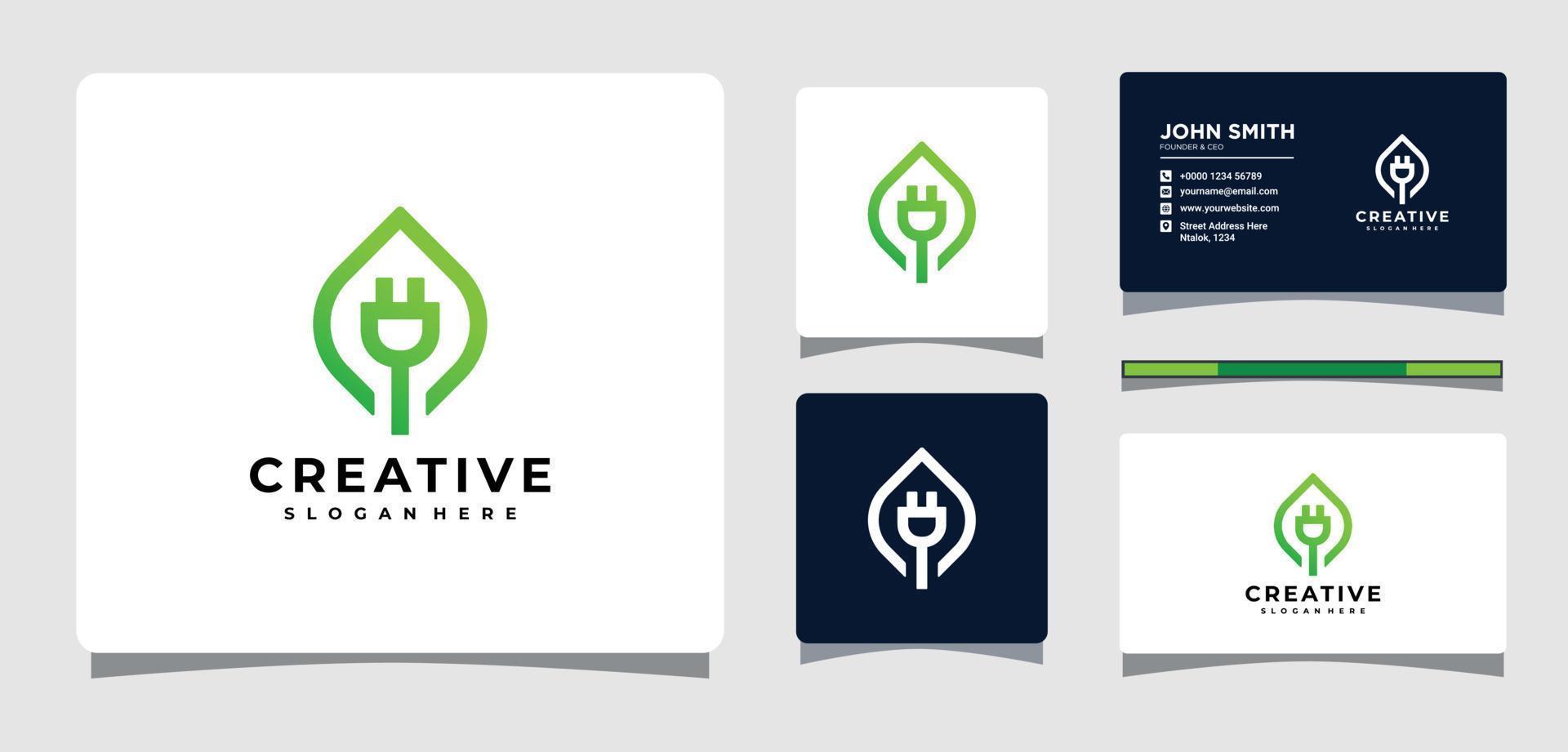 Electric Plug Leaf Logo Template With Business Card Design Inspiration vector