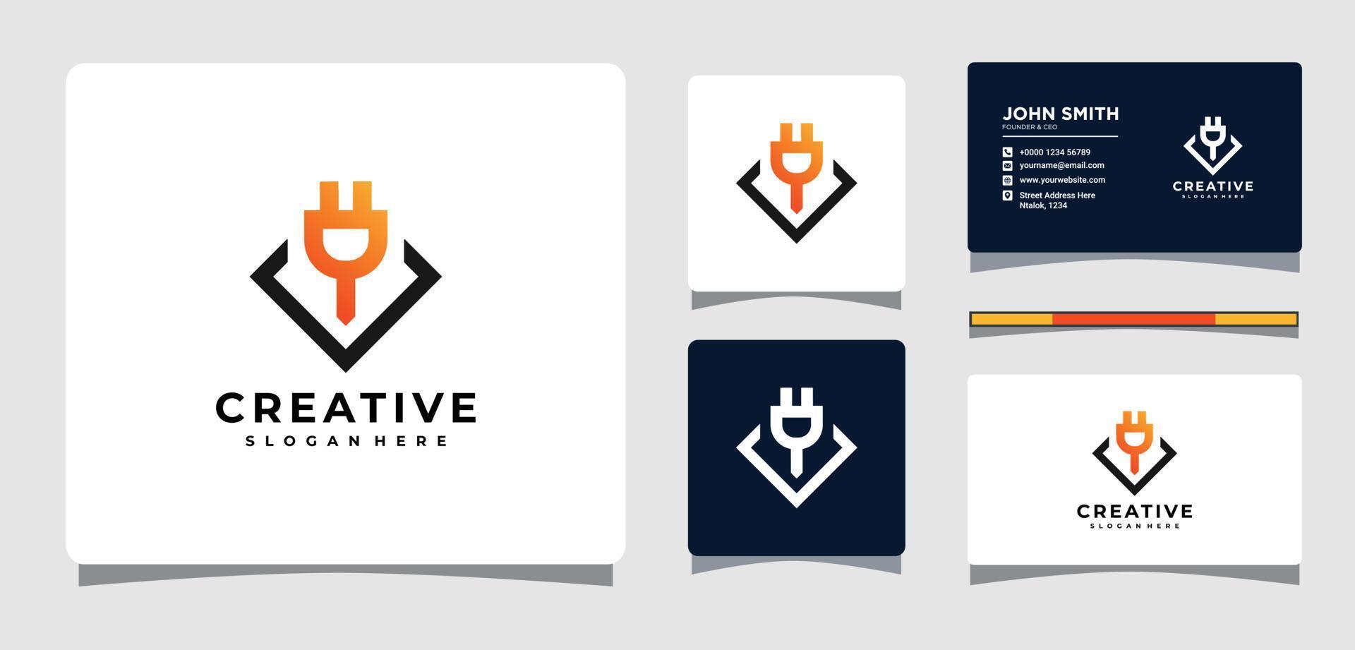 Electric Plug Geometry Logo Template With Business Card Design Inspiration vector