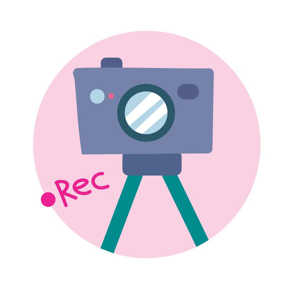 cámara de video en icono de trípode en círculo rosa, estilo plano vector