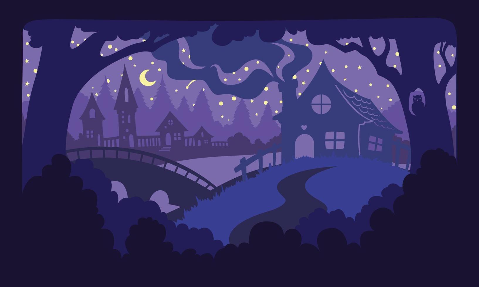 paisaje nocturno con casas con humo de chimenea, bosques, árboles, un puente, un búho en un hueco. técnica de corte de papel para hacer a mano. colores morado y azul oscuro. vector