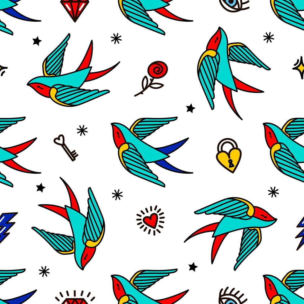 pattern with swallows in old-school tattoo style vector