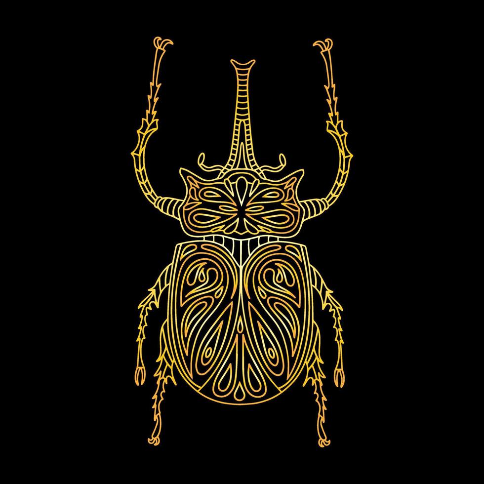 A golden beetle in a linear style. Linear vector illustration